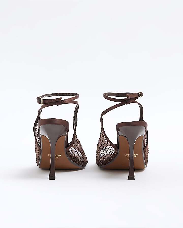 Brown Mesh Diamante Heeled Sandals