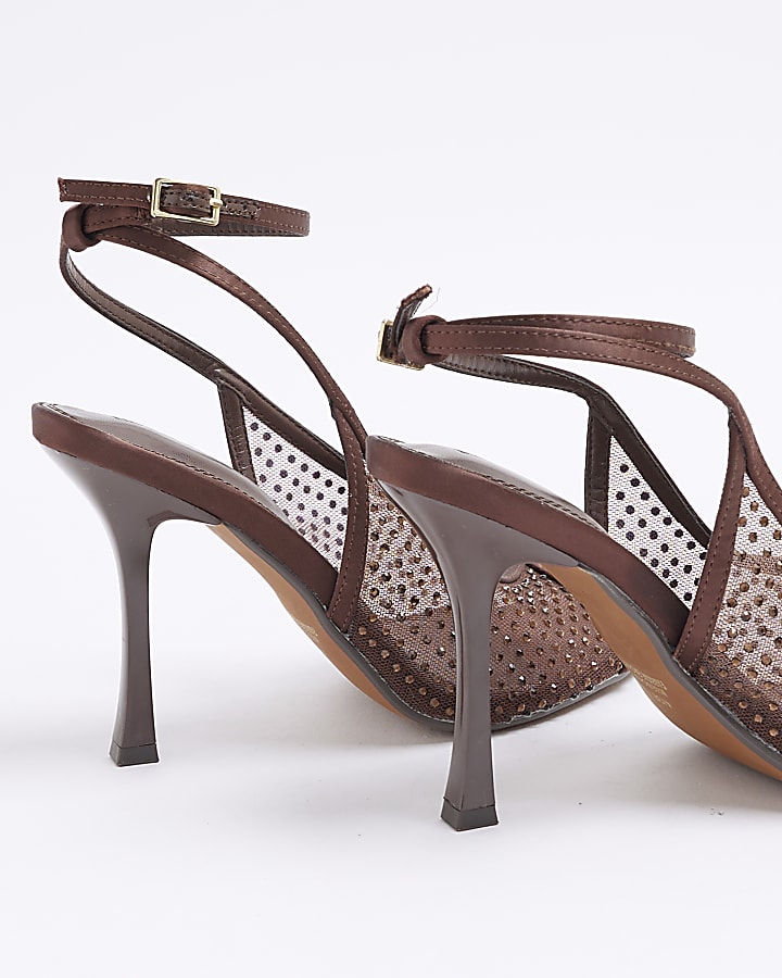 Brown Mesh Diamante Heeled Sandals