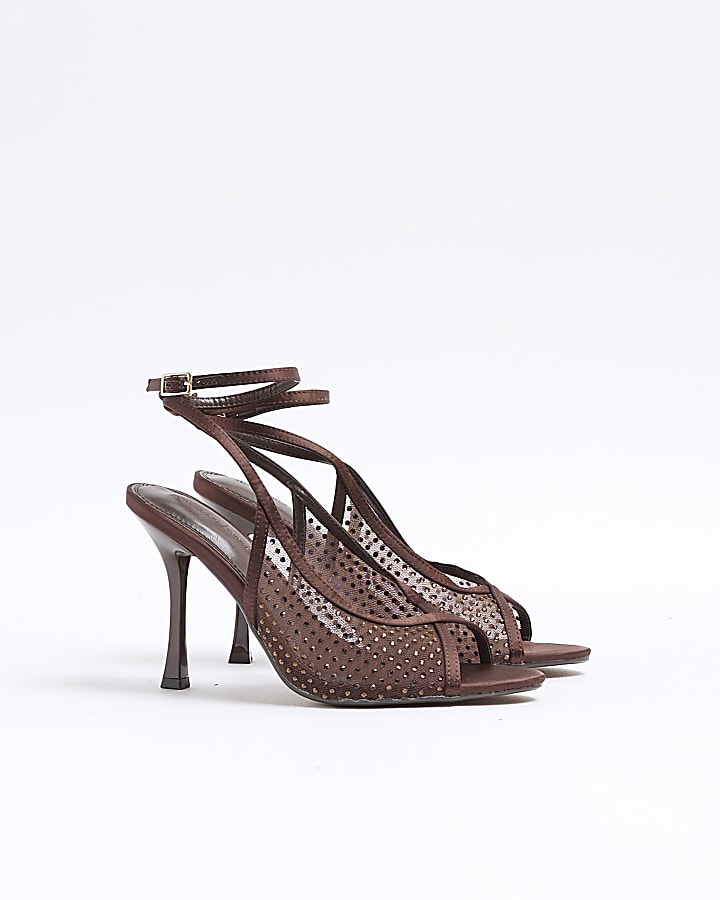 Brown Mesh Diamante Heeled Sandals