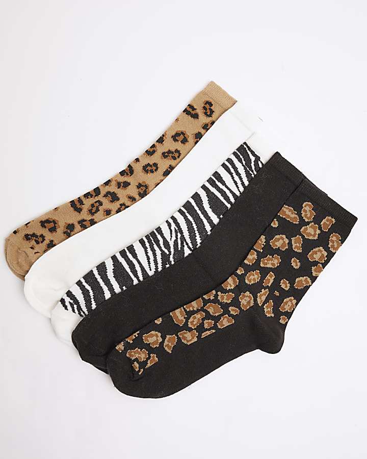 Beige Leopard Print Socks 5 pack