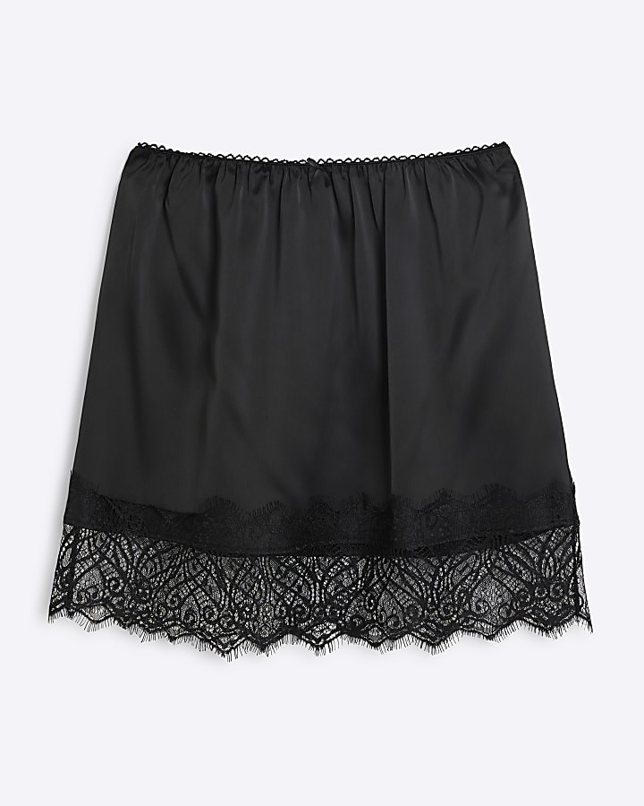 Black Lace Trim Satin Mini Skirt