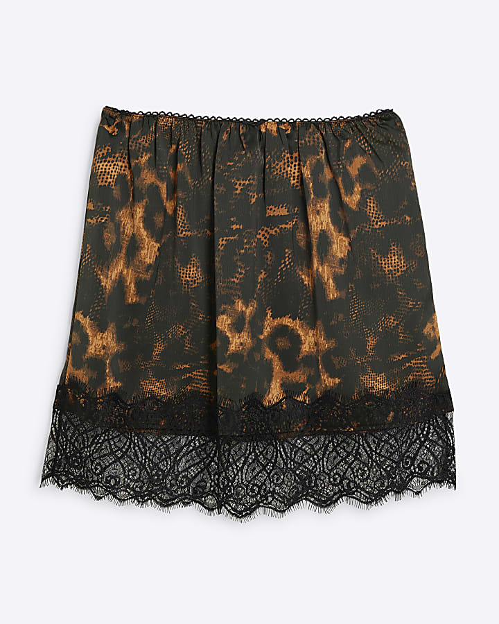 Beige Leopard Lace Trim Satin Mini Skirt