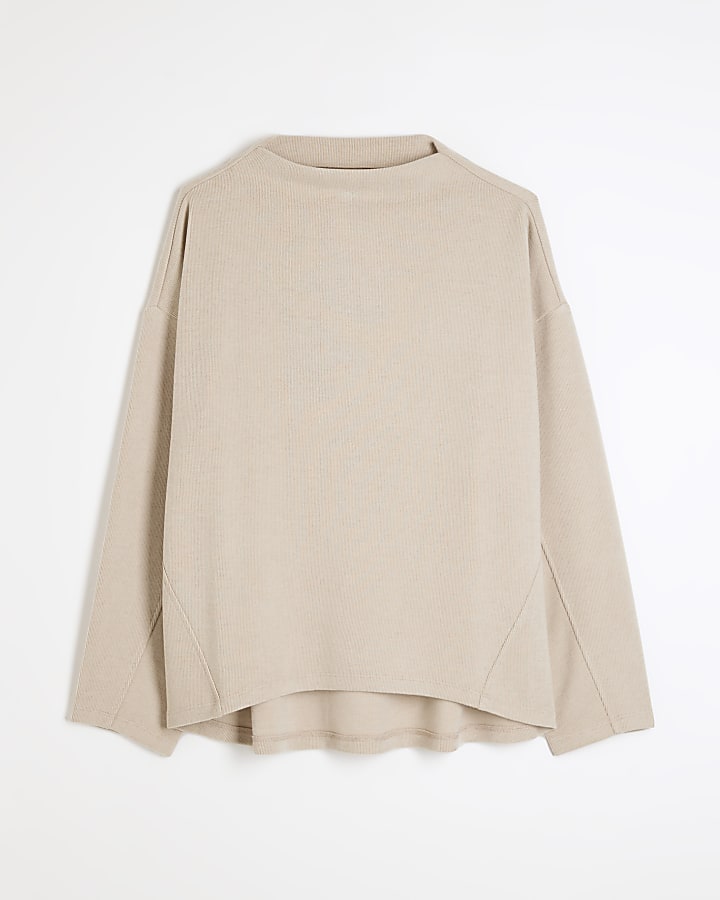 Beige Long Sleeve High Neck Top