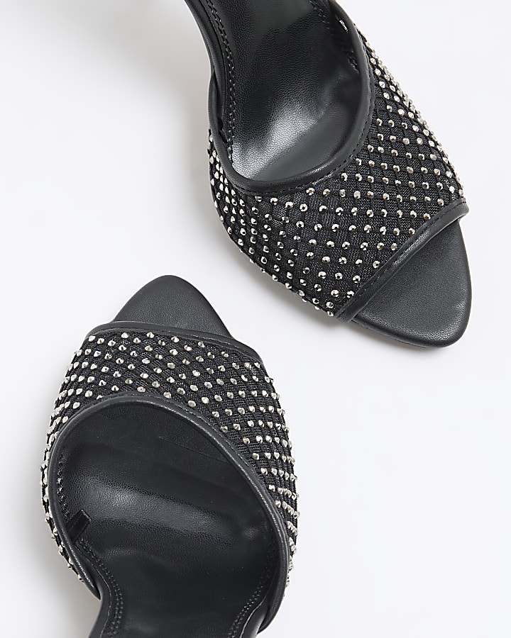 Black Mesh Diamante Heeled Mules