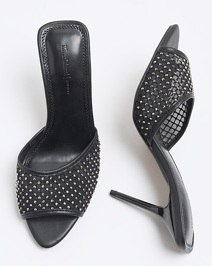 Black Mesh Diamante Heeled Mules