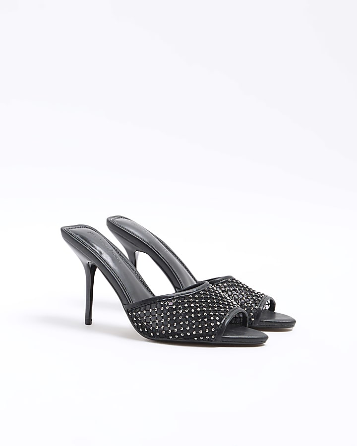 Black Mesh Diamante Heeled Mules