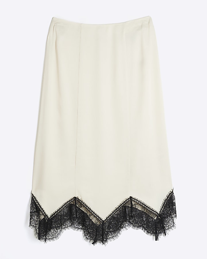 Cream Lace Hem Satin Midi Skirt