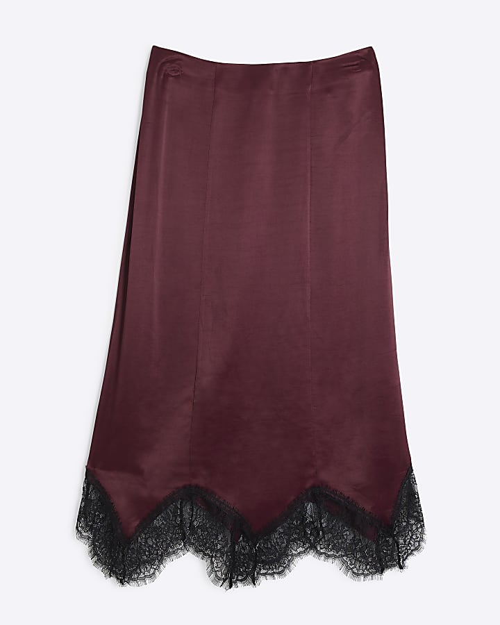 Red Satin Lace Hem Midi Skirt