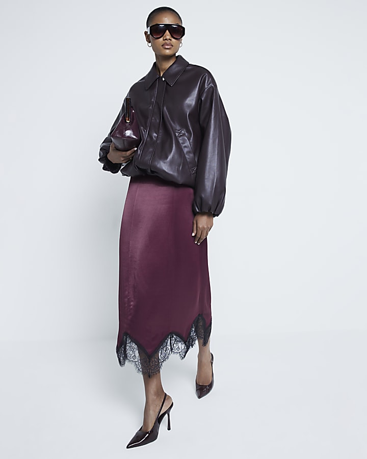 Burgundy Satin Lace Hem Midi Skirt River Island