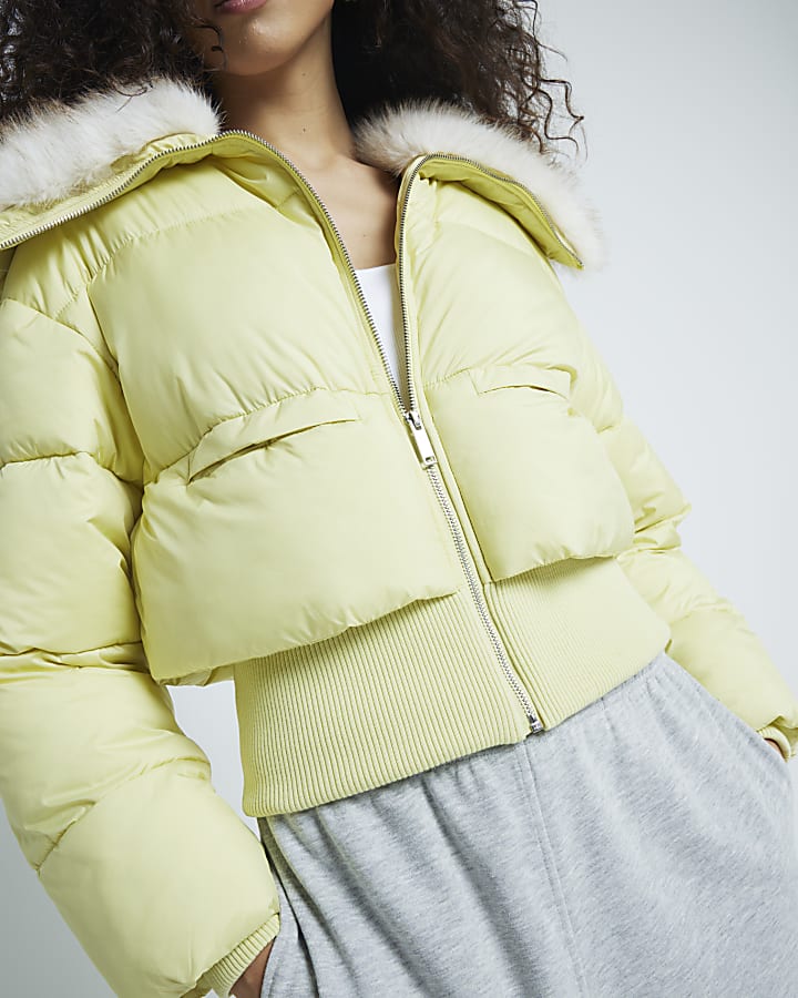 Yellow Padded Faux Fur Trim Bomber Jacket