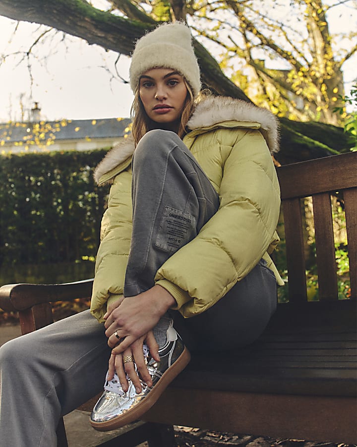 Yellow Padded Faux Fur Trim Bomber Jacket