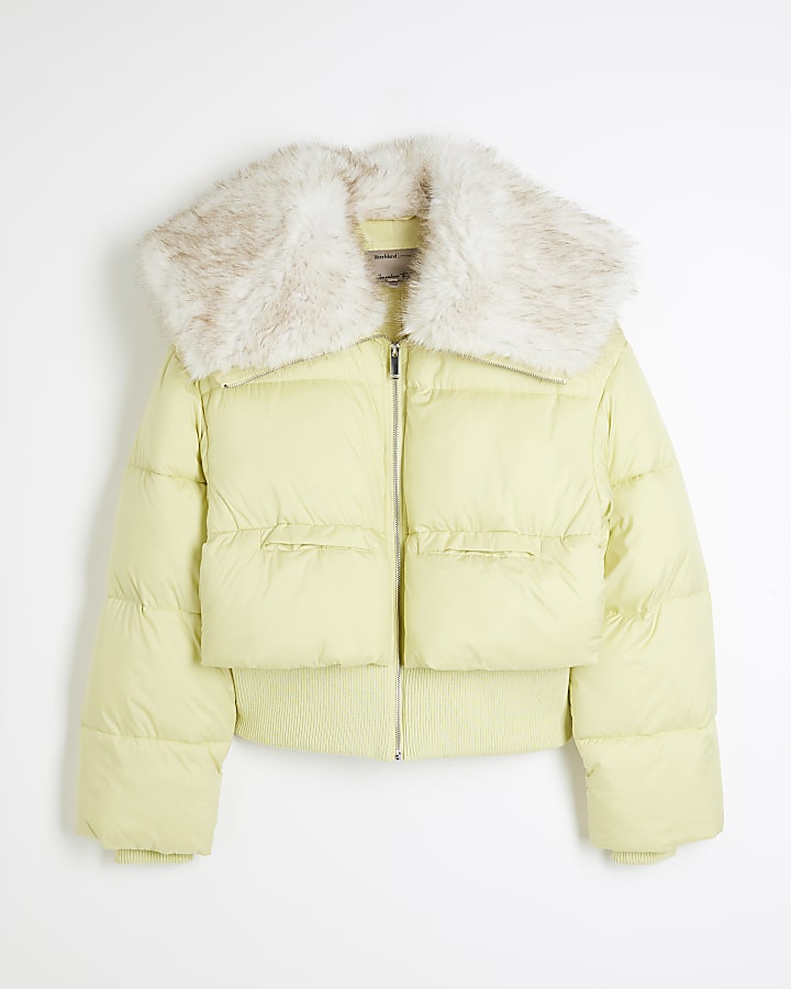 Yellow Padded Faux Fur Trim Bomber Jacket