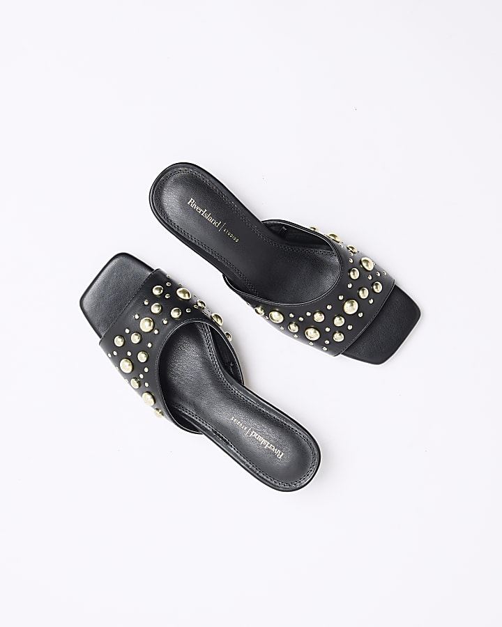 Black Stud Heeled Mule Sandals