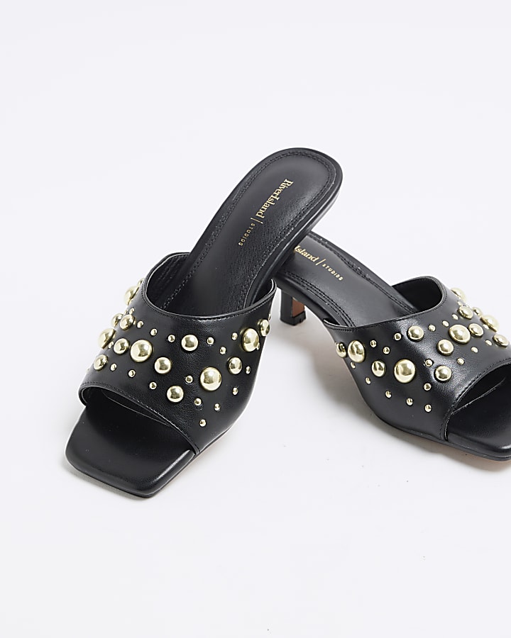 Black Stud Heeled Mule Sandals