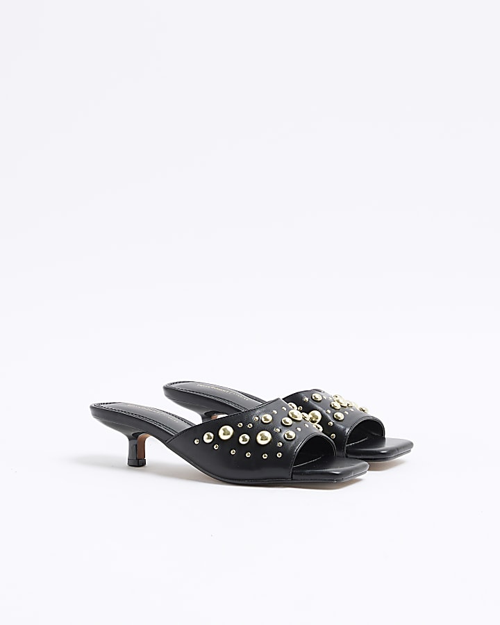 Black Stud Heeled Mule Sandals