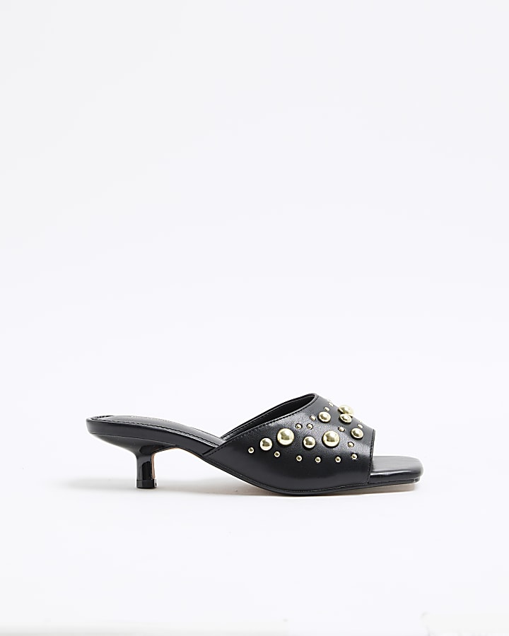 Black Stud Heeled Mule Sandals