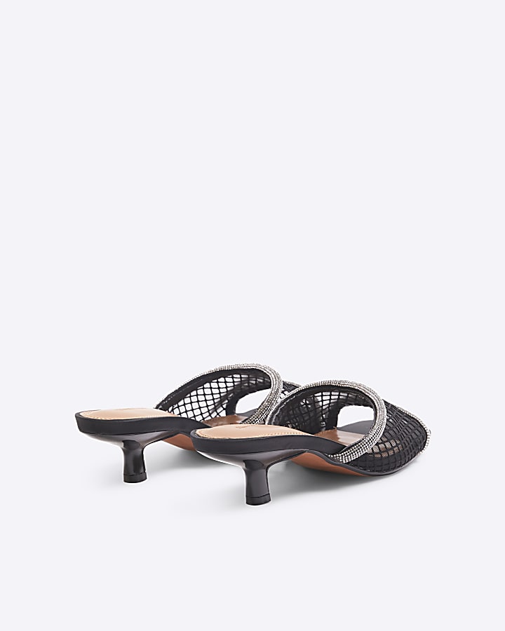 Black Diamante Mesh Heeled Mule Sandals