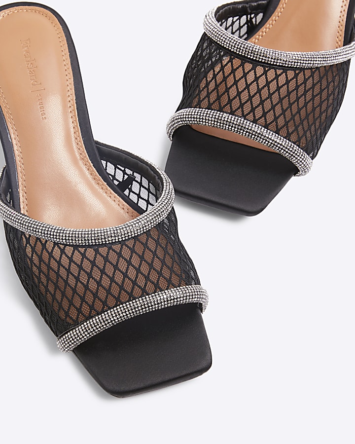 Black Diamante Mesh Heeled Mule Sandals
