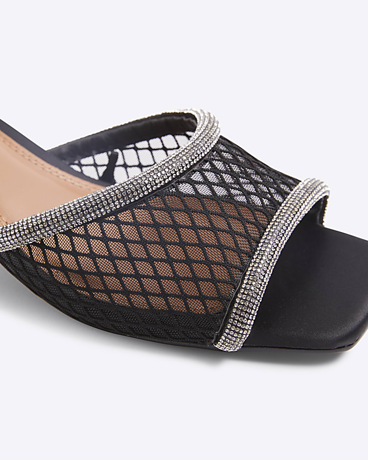 Black Diamante Mesh Heeled Mule Sandals