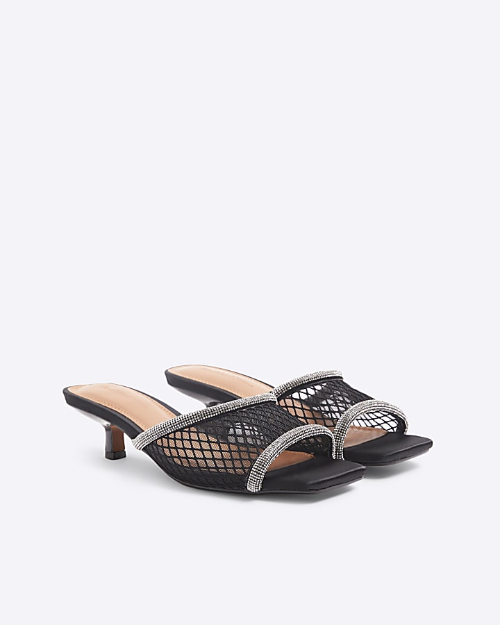 Black Diamante Mesh Heeled Mule Sandals