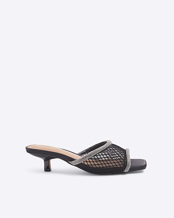 Black Diamante Mesh Heeled Mule Sandals