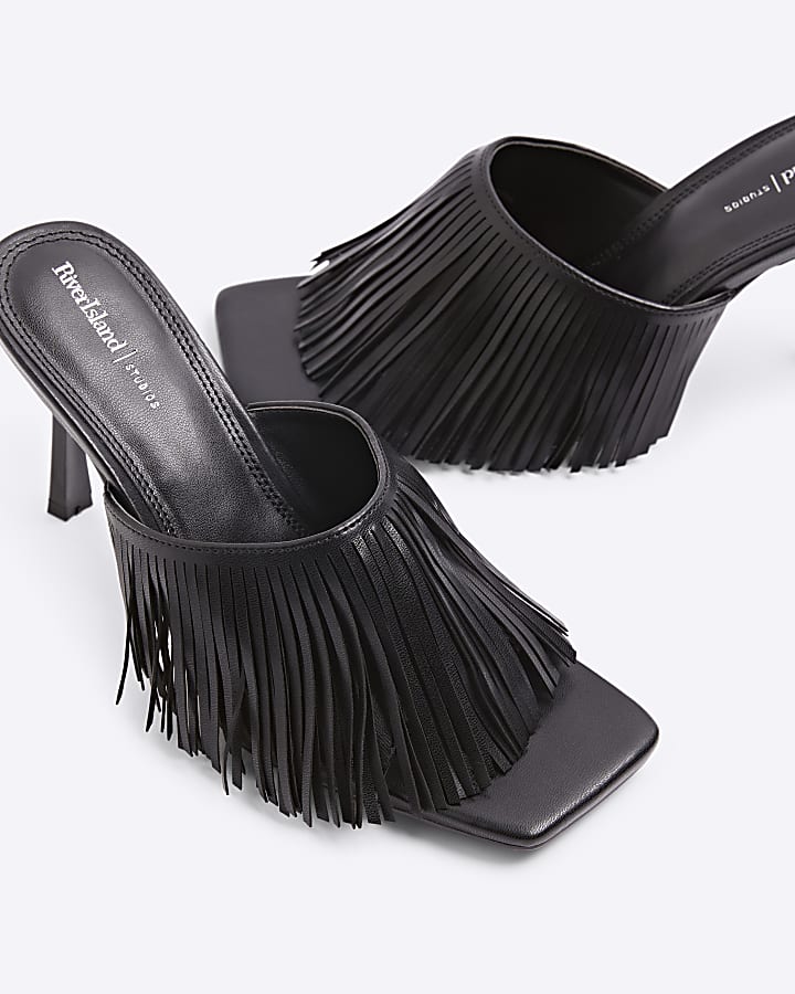 Black Fringed Heeled Mule Sandals