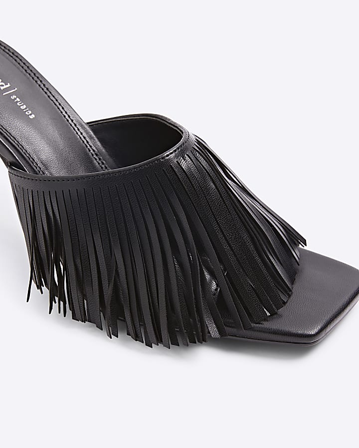 Black Fringed Heeled Mule Sandals