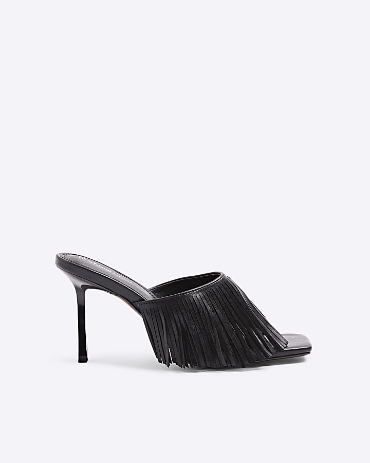 Black Fringed Heeled Mule Sandals