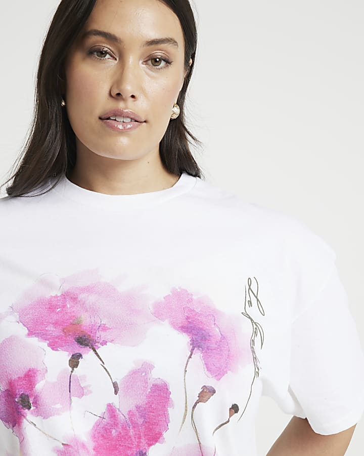 Plus White Flower Graphic T-Shirt