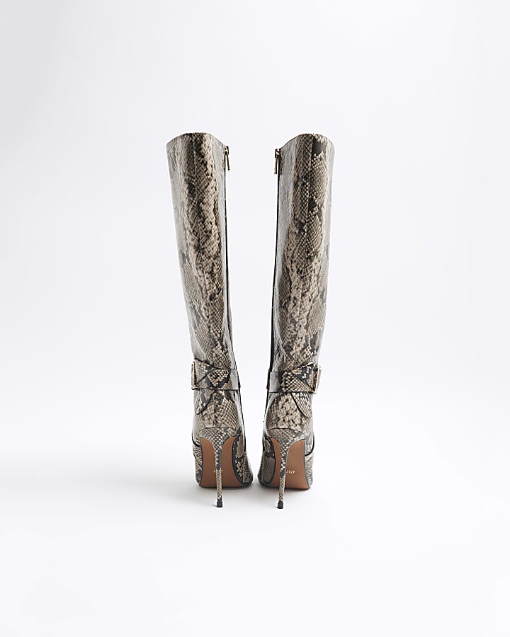 Beige Snake Buckle Knee High Heeled Boots