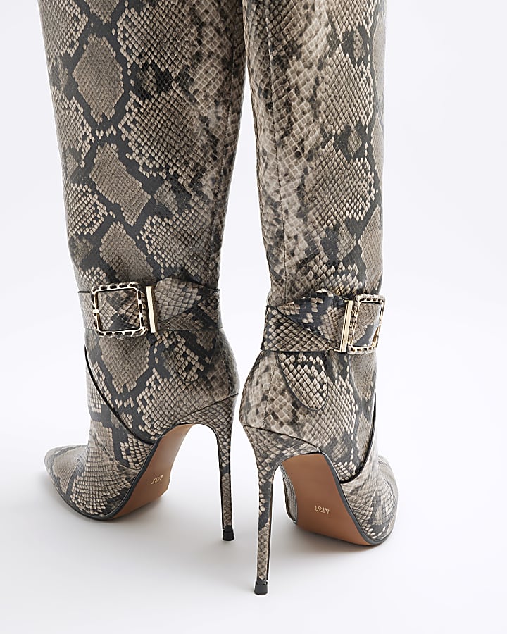 Beige Snake Buckle Knee High Heeled Boots