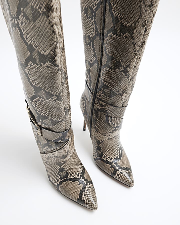 Beige Snake Buckle Knee High Heeled Boots