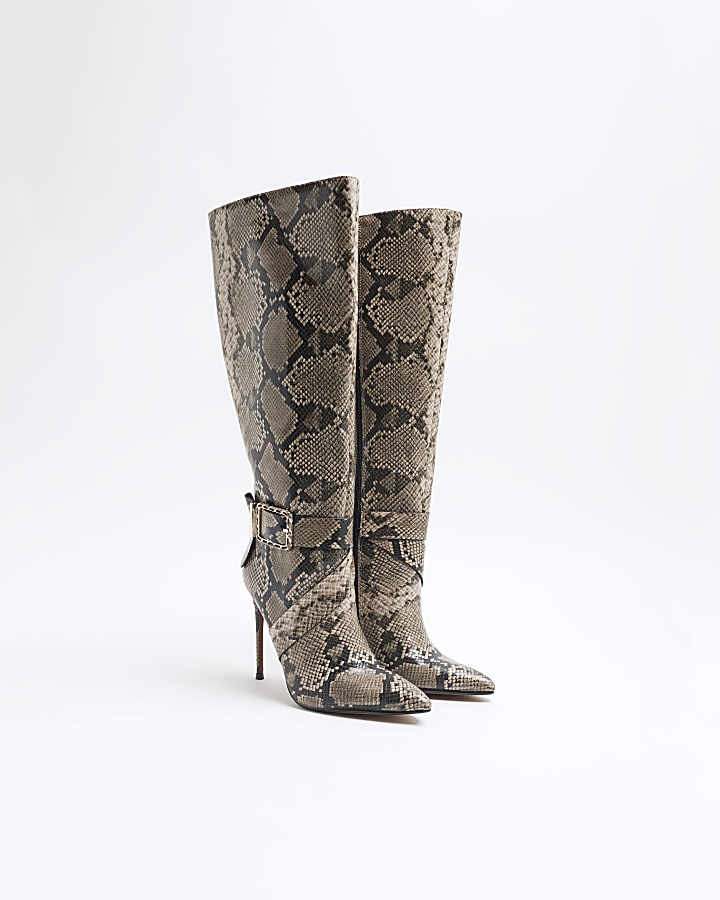 Beige Snake Buckle Knee High Heeled Boots