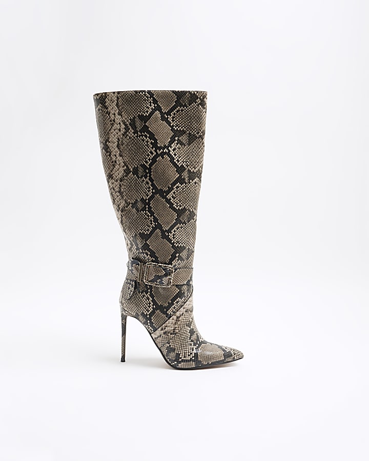 Beige Snake Buckle Knee High Heeled Boots