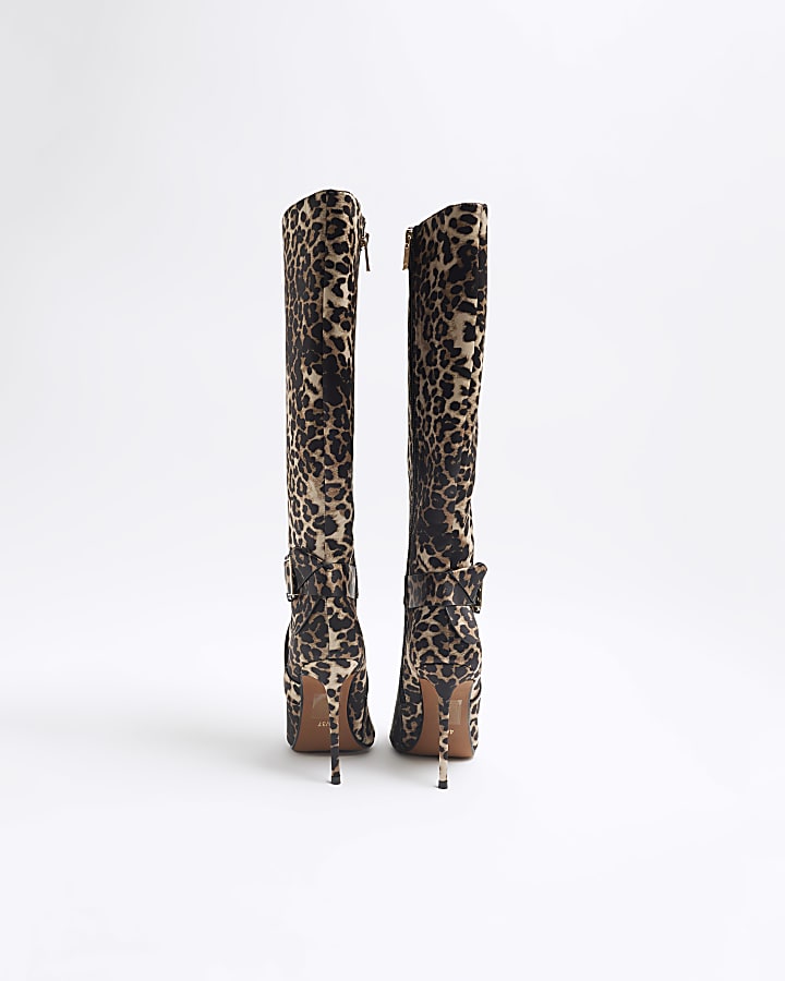 Brown Leopard Buckle Knee High Boots