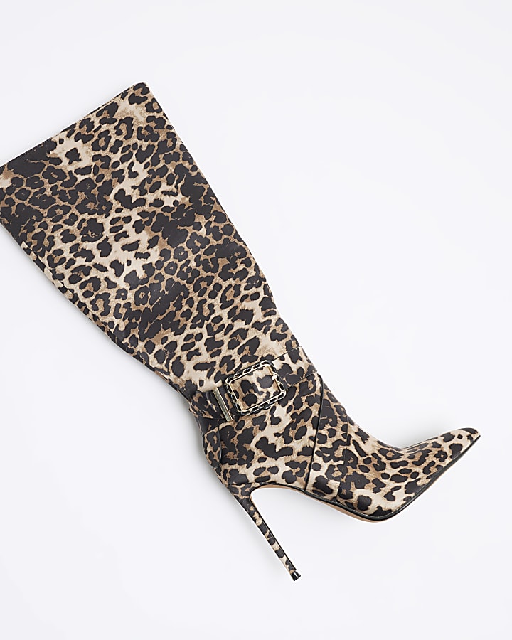 Brown Leopard Buckle Knee High Boots