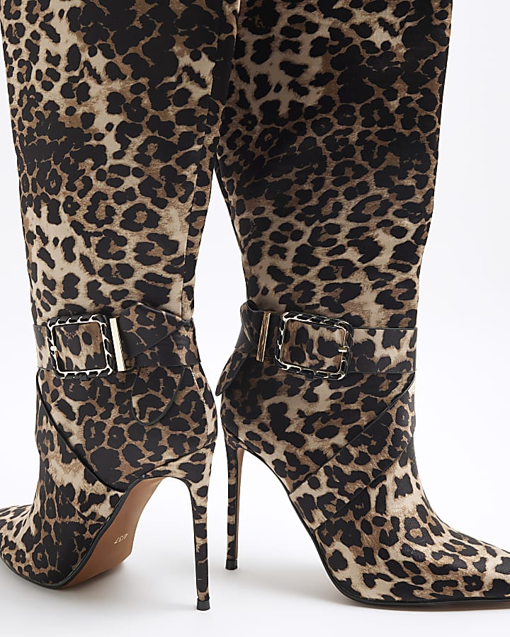 Brown Leopard Buckle Knee High Boots