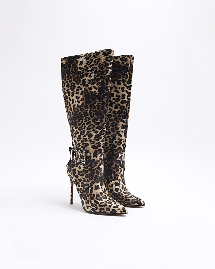 Brown Leopard Buckle Knee High Boots