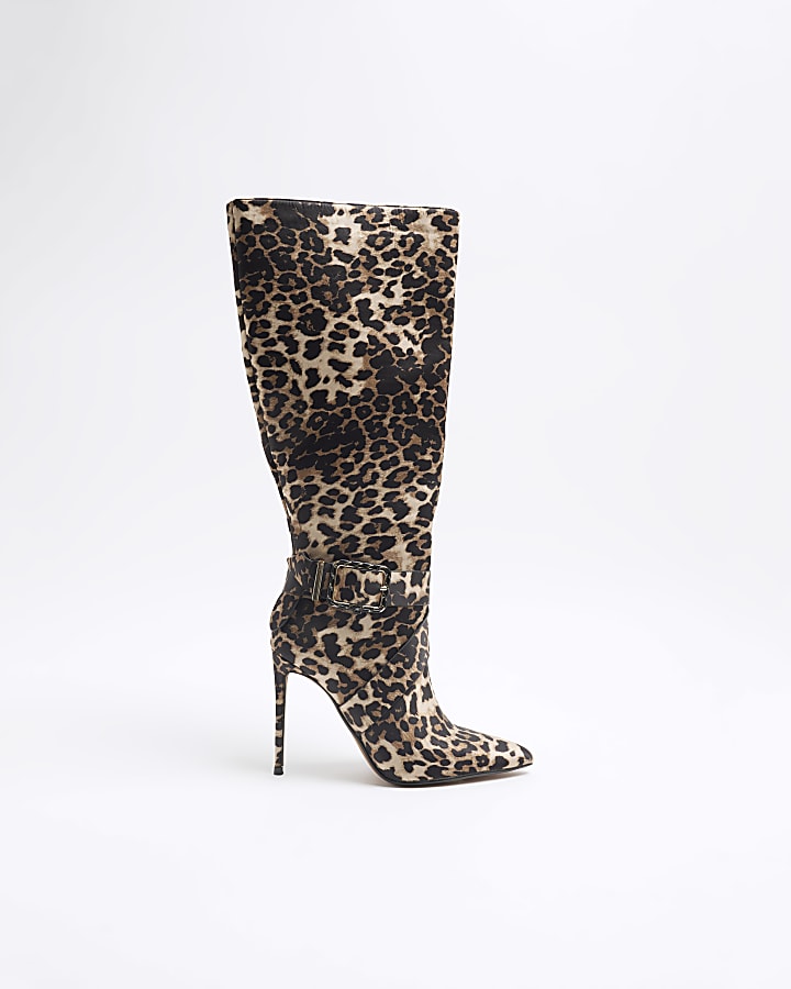 Brown Leopard Buckle Knee High Boots