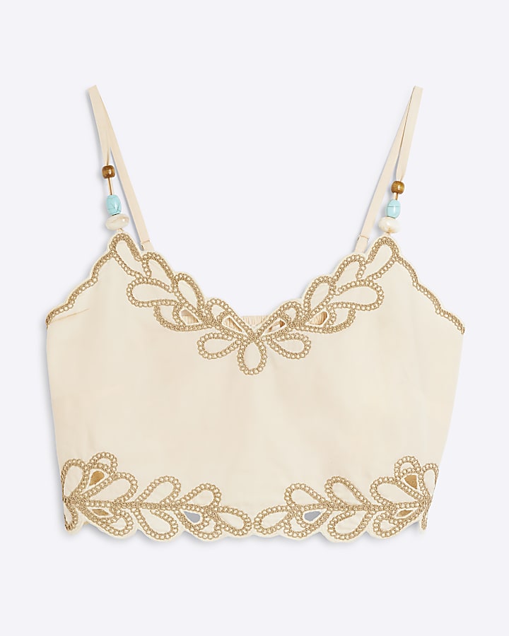 Cream Embroidered Crop Top