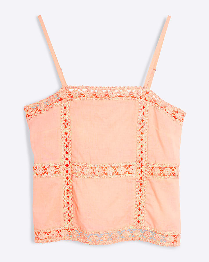 Orange Sleeveless Lace Insert Camisole