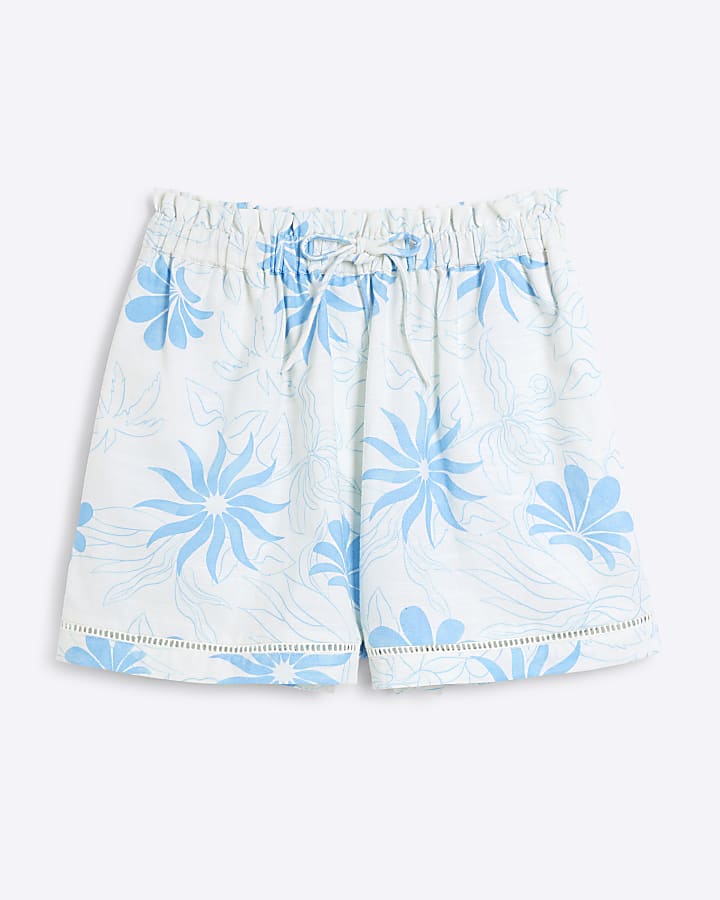 Blue Floral Tie Waist Shorts