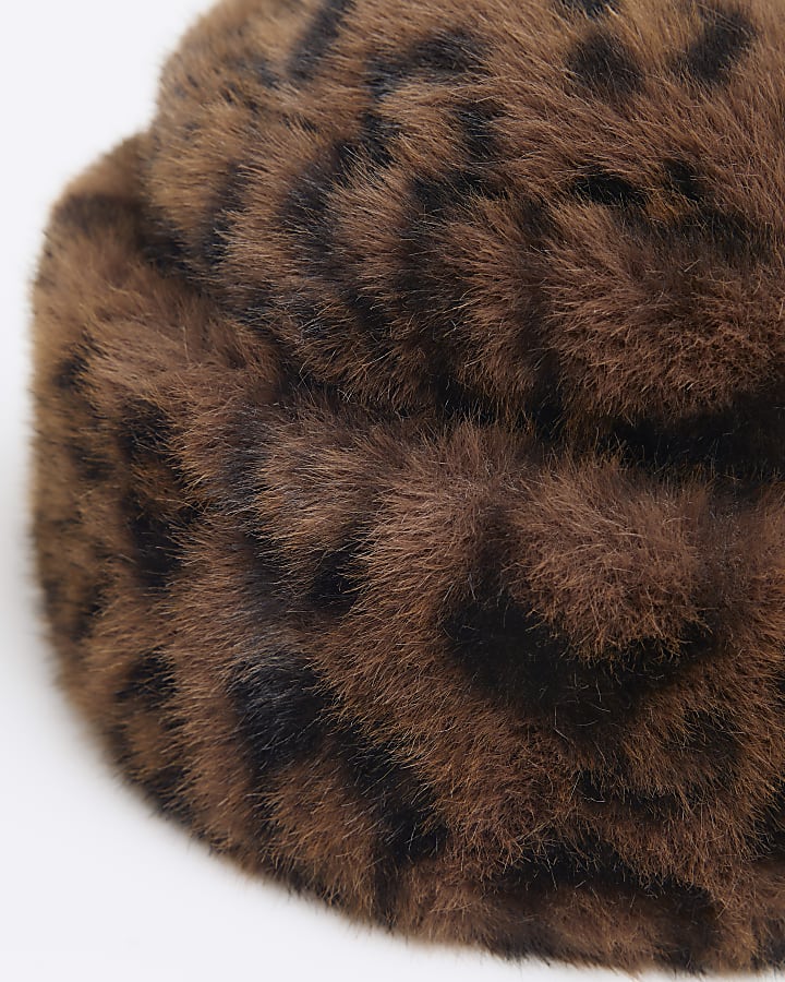 Brown Leopard Faux Fur Bucket Hat