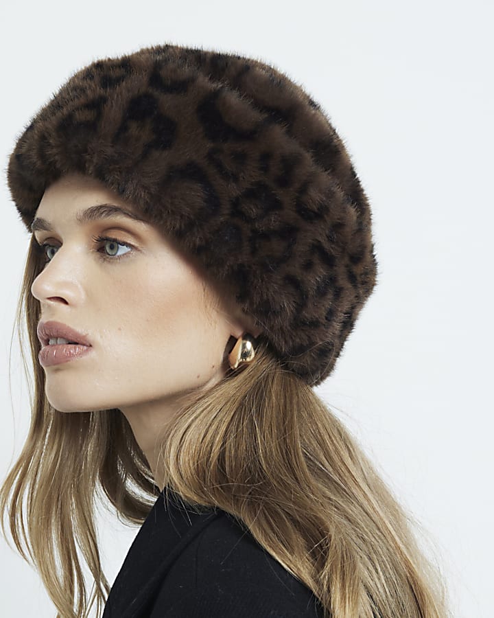 Brown Leopard Faux Fur Bucket Hat River Island