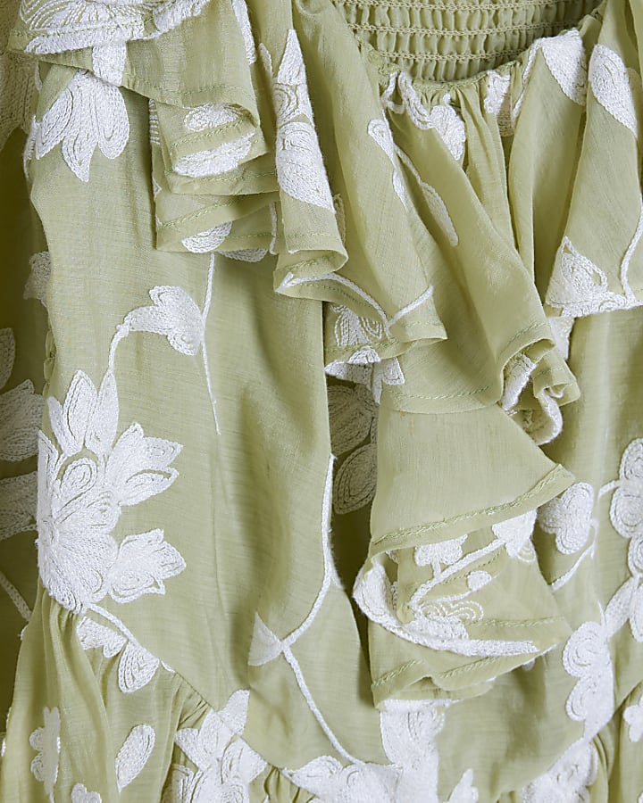 Green Long Sleeved Bardot Ruffled Blouse