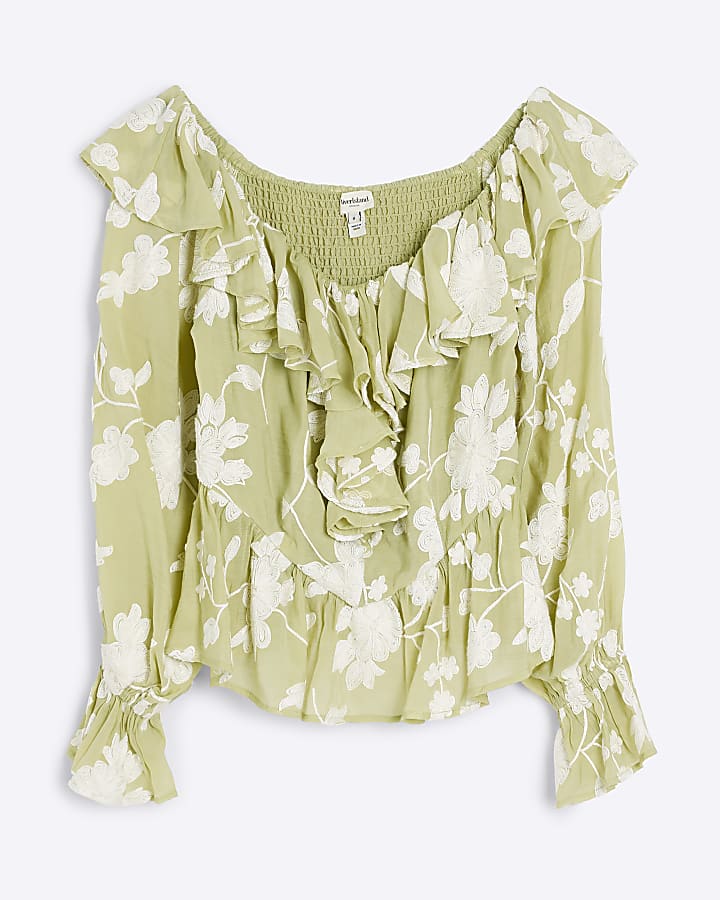 Green Long Sleeved Bardot Ruffled Blouse