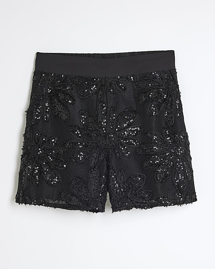 Black Floral Sequin Texture Shorts