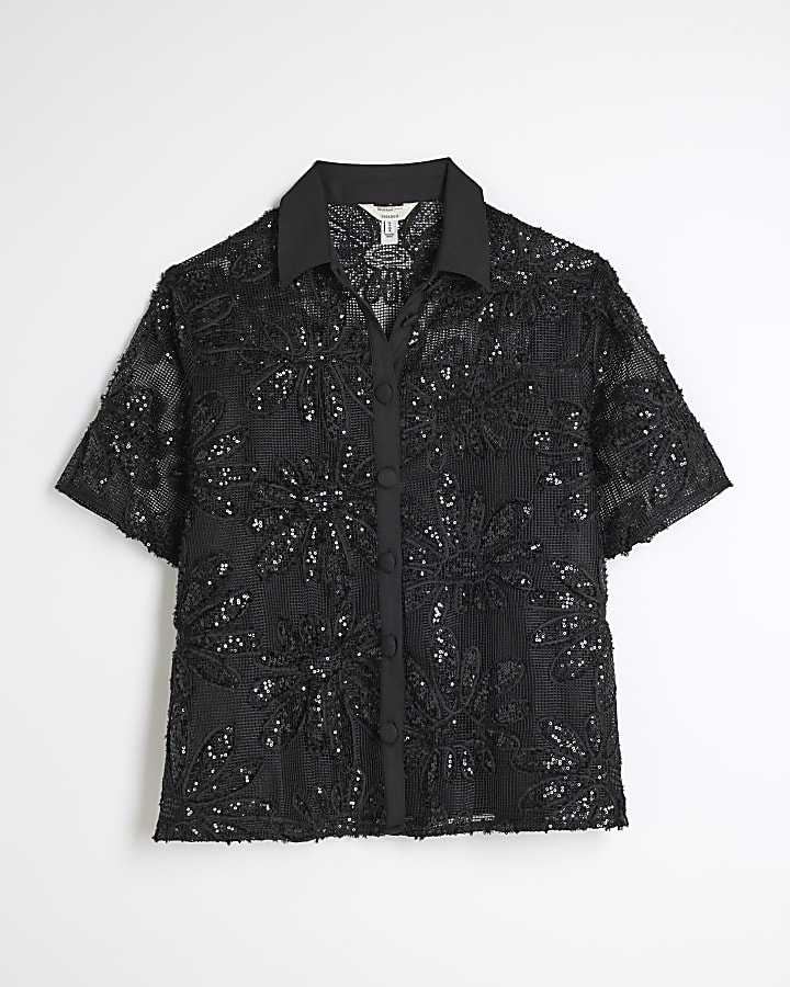 Black Short Sleeve Floral Sequin Shirt