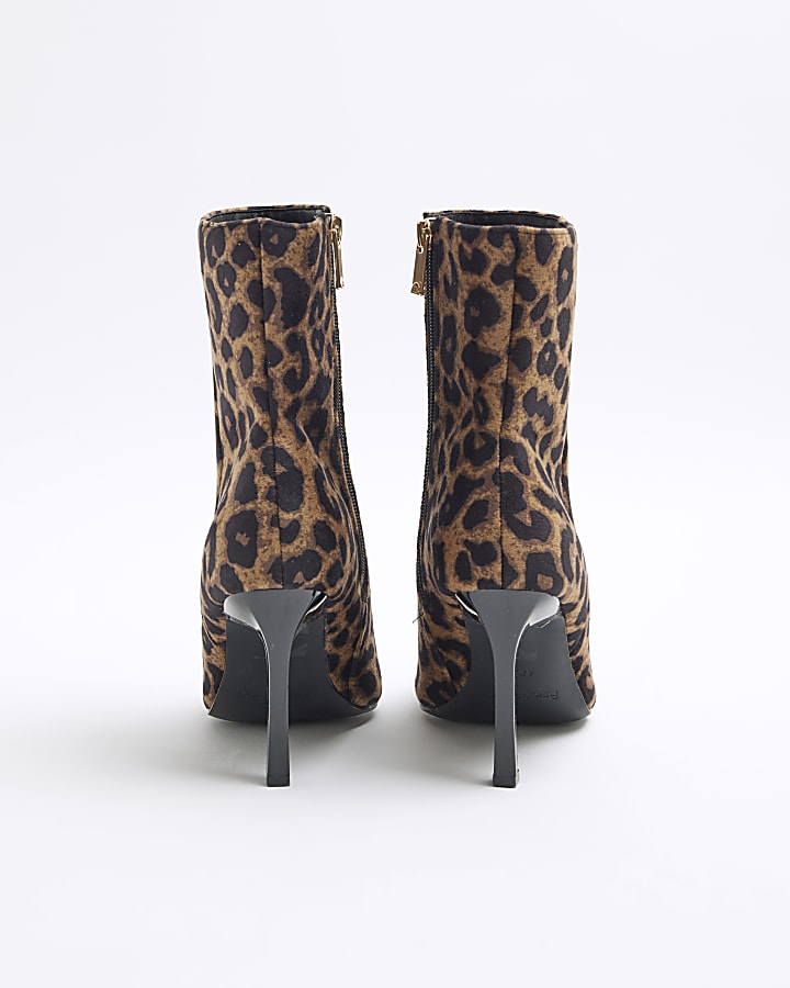 Beige Wide Fit Leopard Heeled Ankle Boots