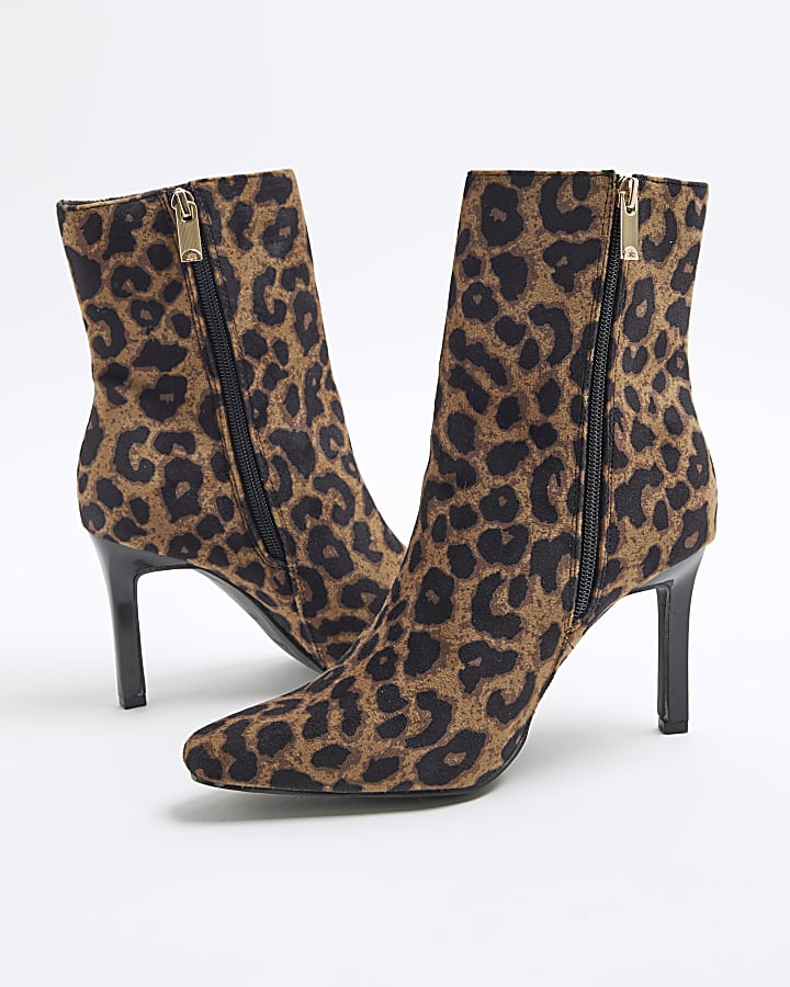 Beige Wide Fit Leopard Heeled Ankle Boots